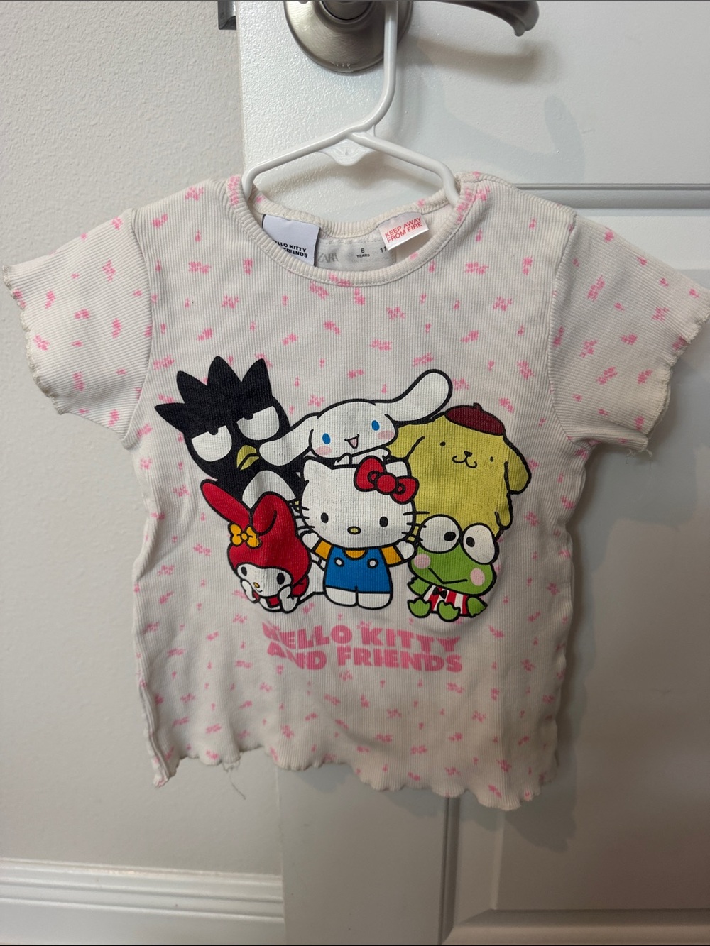 Zara White Tee with Pink and Multicolor Hello Kitty Characters